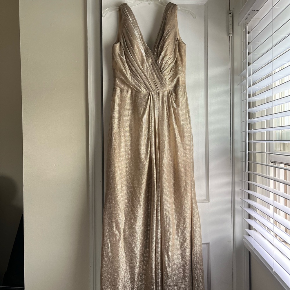 Hayley Paige Occasions Shimmering Gold Maxi Dress
